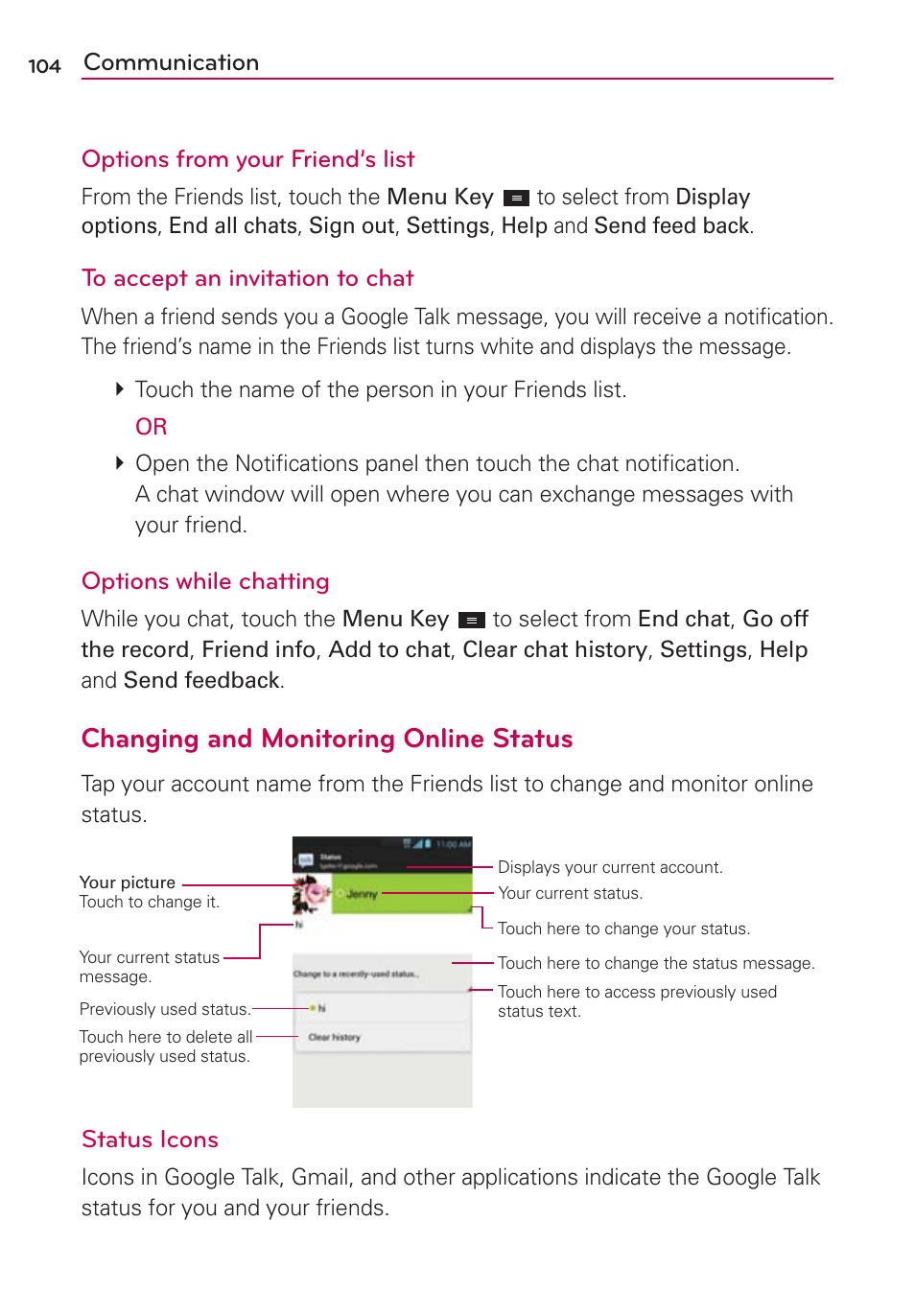 Changing and monitoring online status, Communication options from your friend’s list, Options while chatting | Status icons | LG MS770 User Manual | Page 106 / 190
