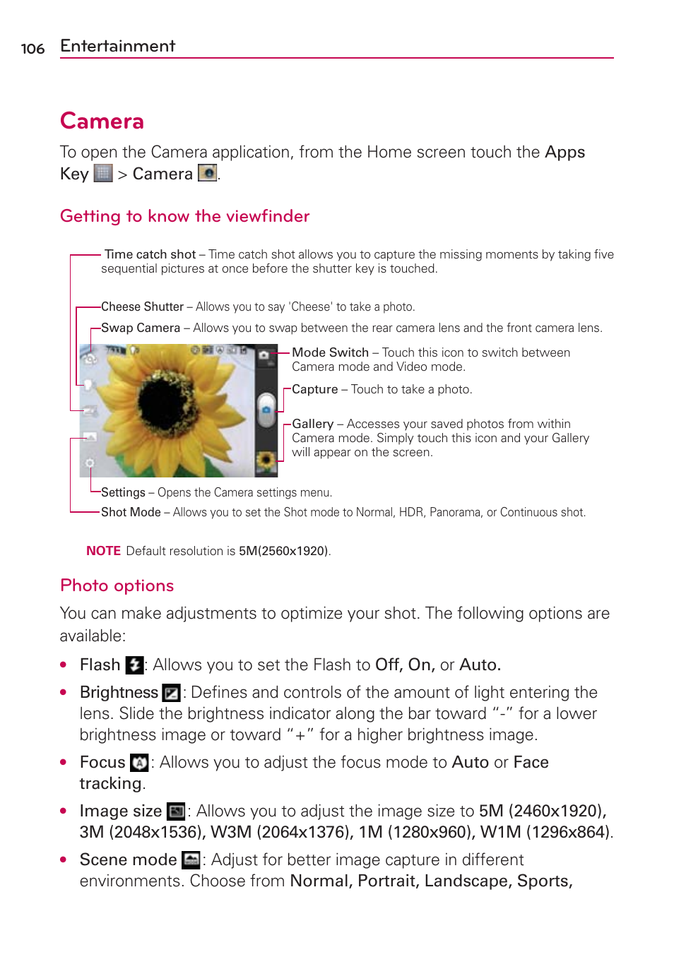 Entertainment, Camera, Getting to know the viewﬁnder | Photo options | LG MS770 User Manual | Page 108 / 190