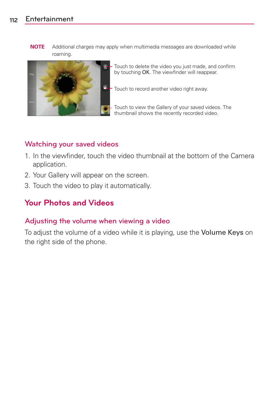 Your photos and videos, Entertainment, Watching your saved videos | Adjusting the volume when viewing a video | LG MS770 User Manual | Page 114 / 190
