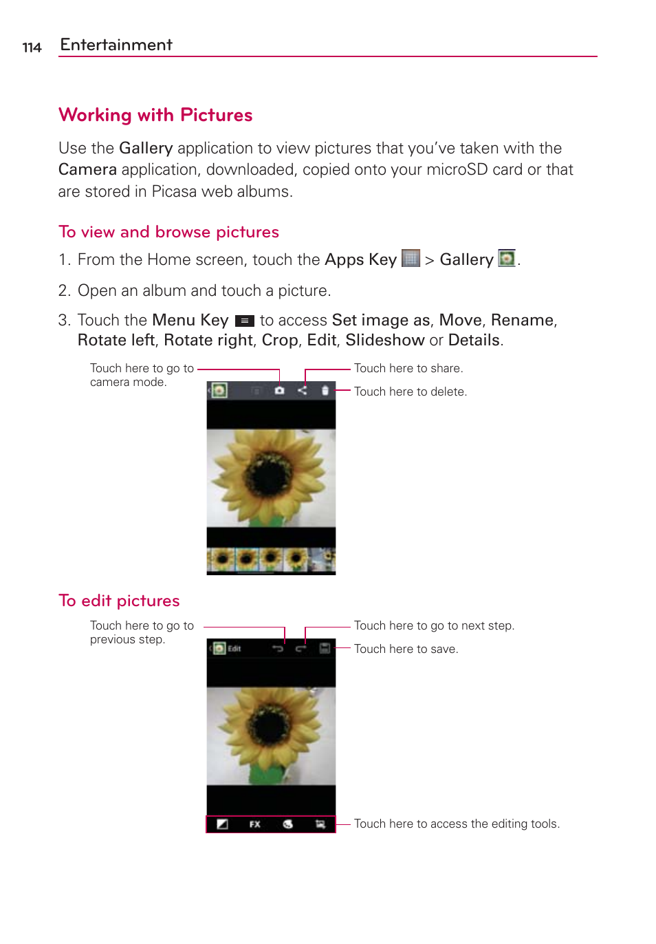 Working with pictures, Entertainment | LG MS770 User Manual | Page 116 / 190