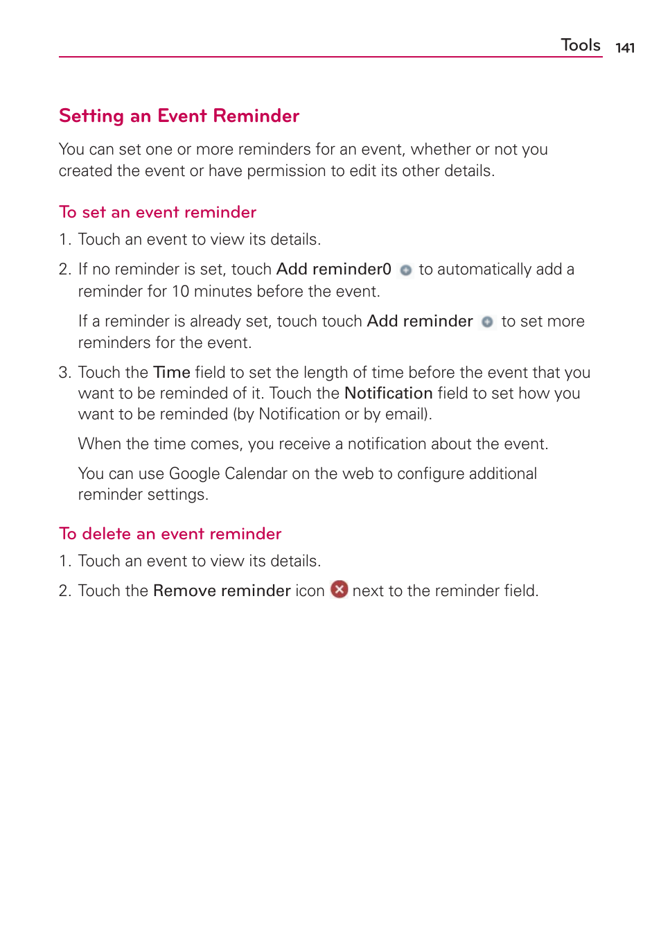 Setting an event reminder | LG MS770 User Manual | Page 143 / 190