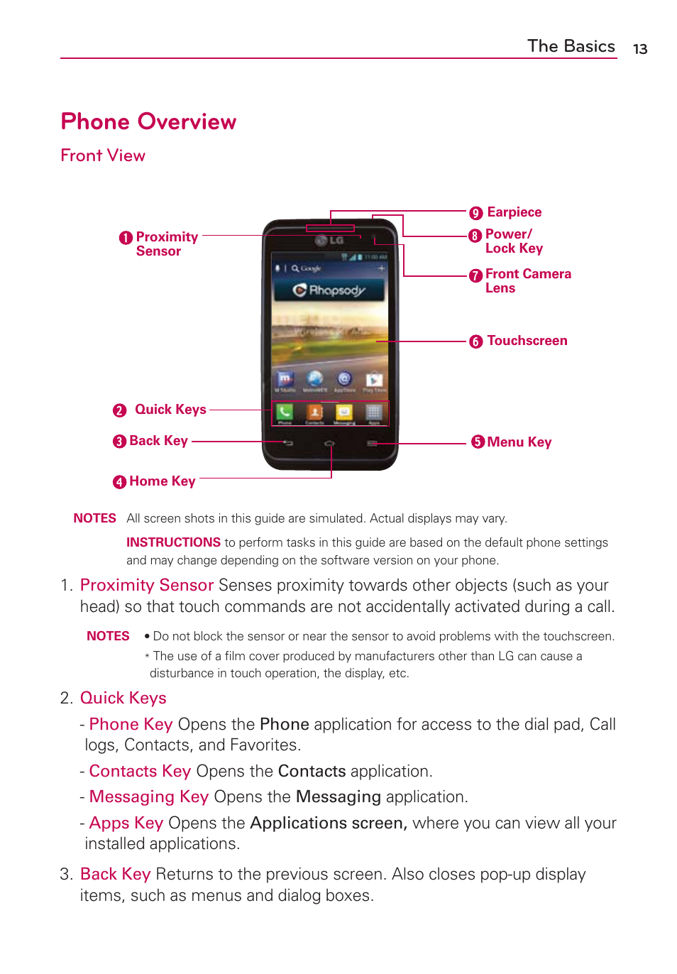 The basics, Phone overview, Front view | LG MS770 User Manual | Page 15 / 190