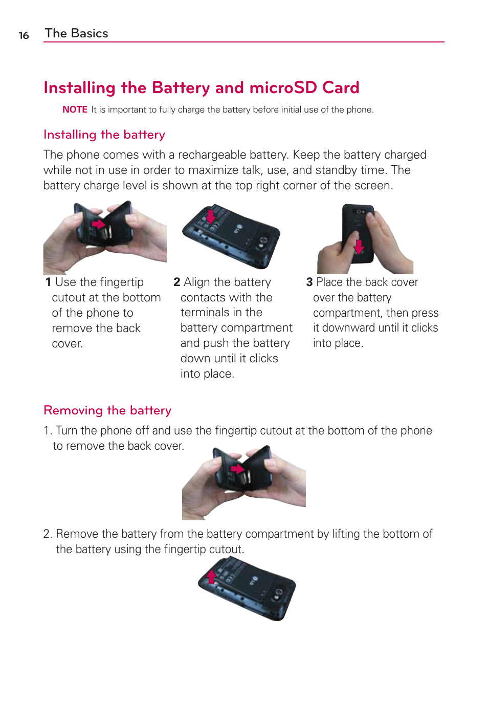 Installing the battery and microsd card | LG MS770 User Manual | Page 18 / 190