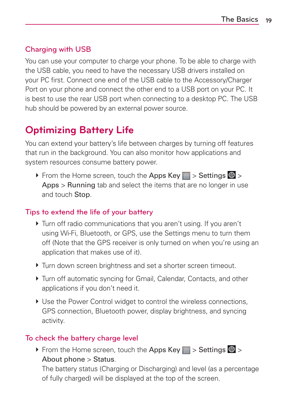 Optimizing battery life | LG MS770 User Manual | Page 21 / 190