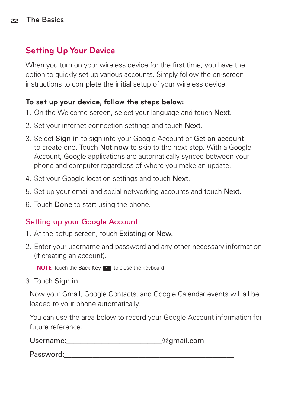 Setting up your device | LG MS770 User Manual | Page 24 / 190