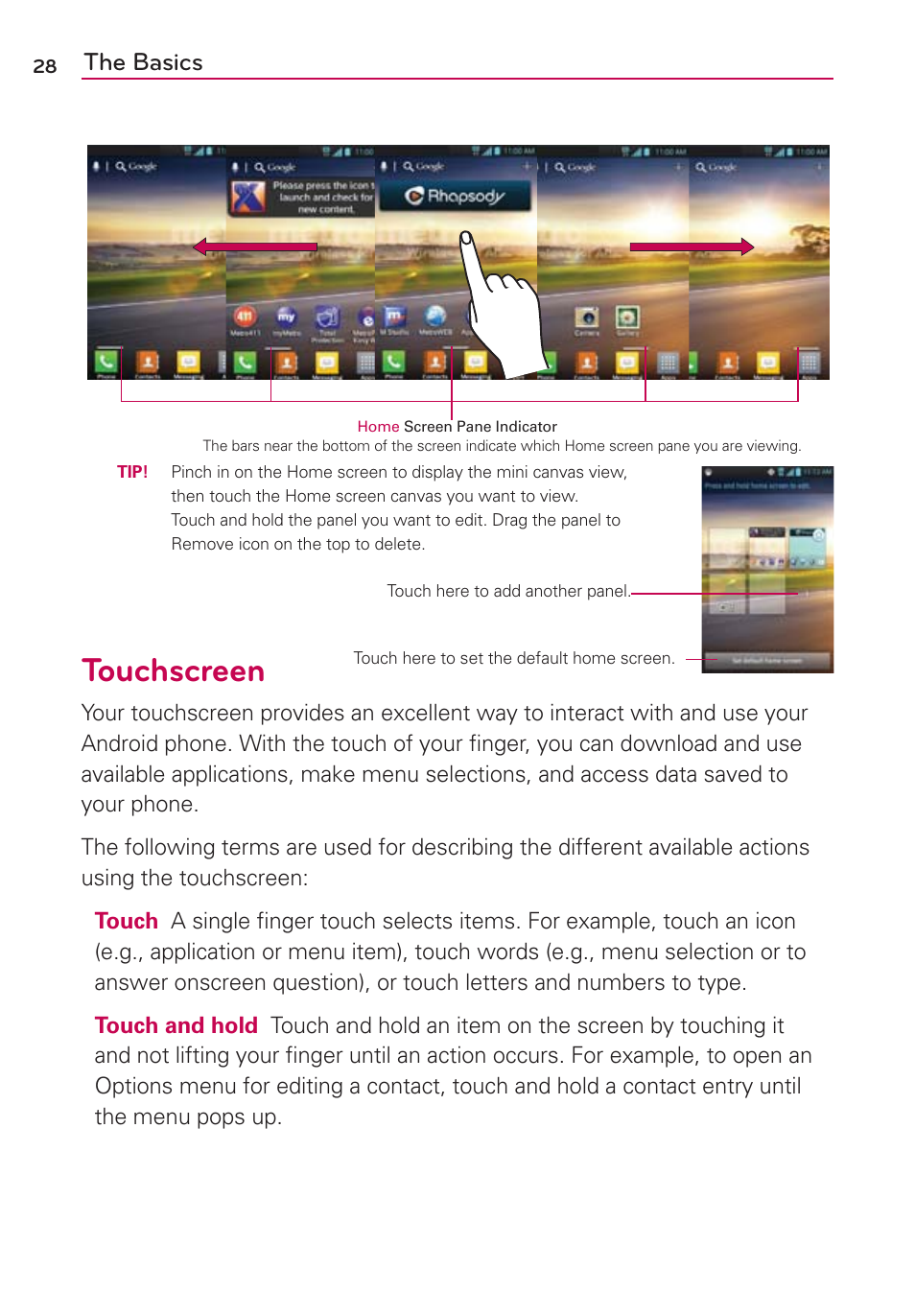 Touchscreen, The basics | LG MS770 User Manual | Page 30 / 190