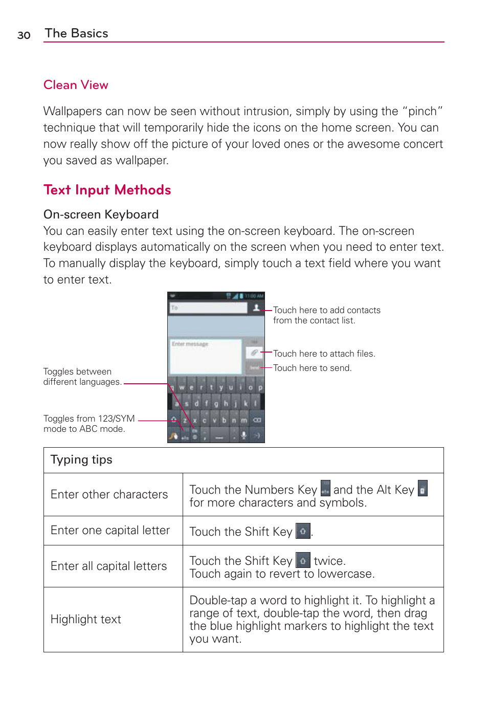 Text input methods, The basics clean view | LG MS770 User Manual | Page 32 / 190