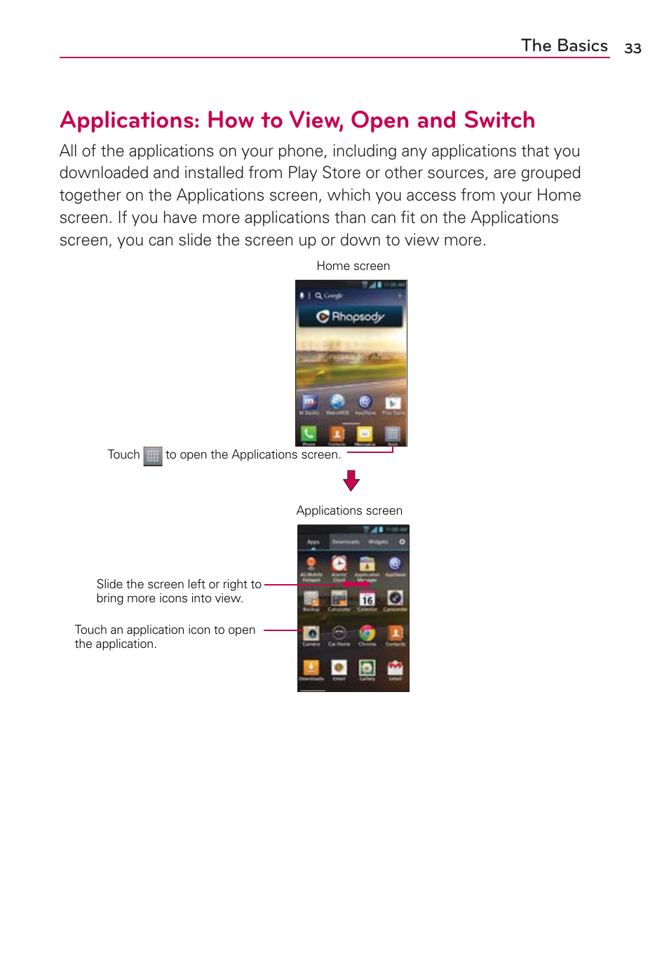 Applications: how to view, open and switch, The basics | LG MS770 User Manual | Page 35 / 190