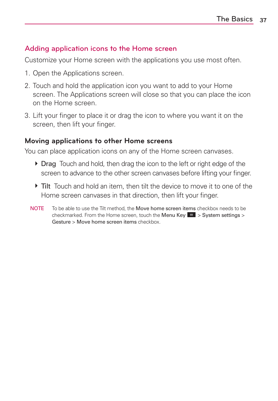 Moving applications to other home screens | LG MS770 User Manual | Page 39 / 190