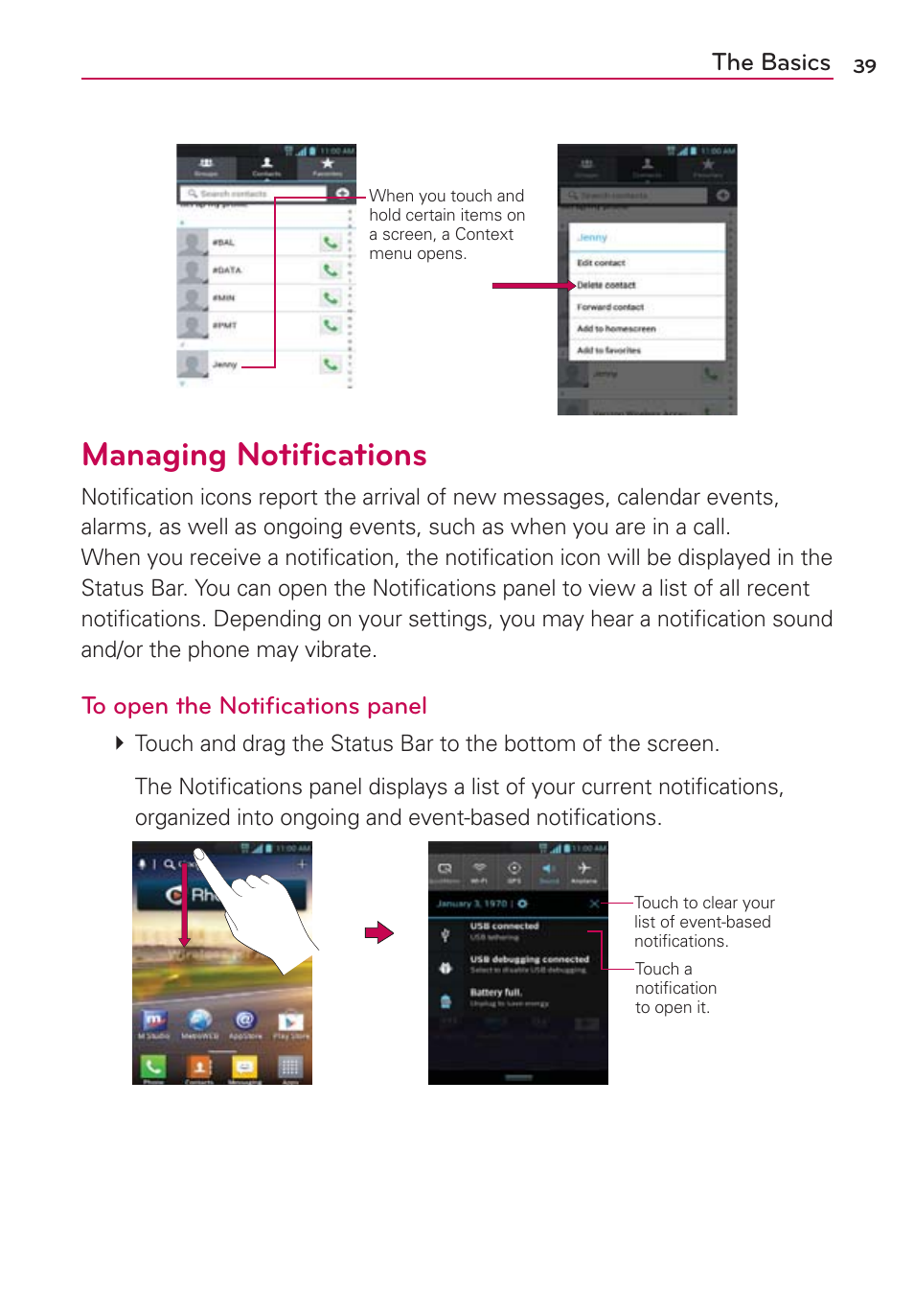 Managing notifications, Managing notiﬁcations | LG MS770 User Manual | Page 41 / 190