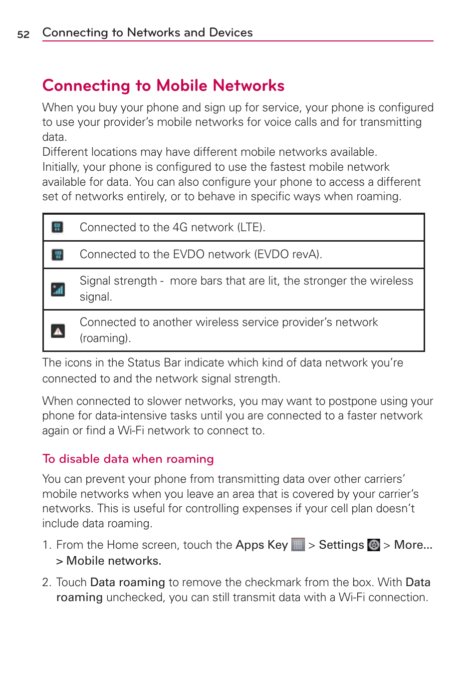 Connecting to networks and devices, Connecting to mobile networks | LG MS770 User Manual | Page 54 / 190