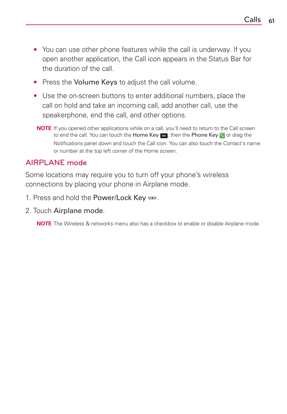 Calls, Airplane mode | LG MS770 User Manual | Page 63 / 190