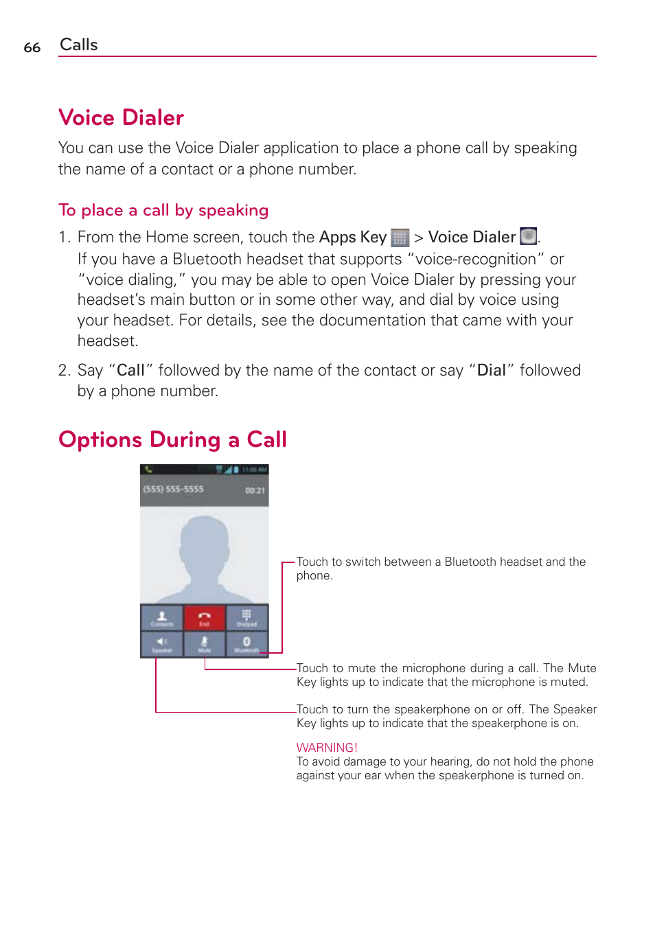 Voice dialer, Options during a call | LG MS770 User Manual | Page 68 / 190
