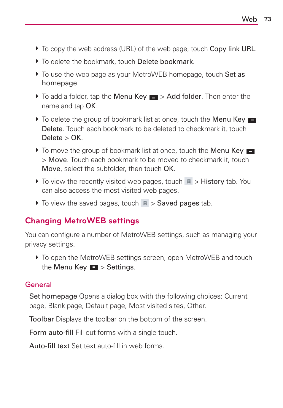 Changing metroweb settings | LG MS770 User Manual | Page 75 / 190