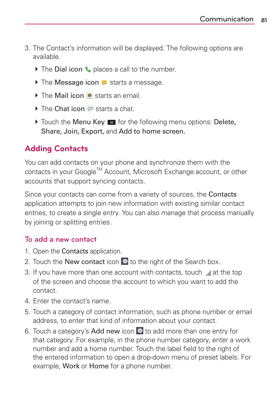 Adding contacts | LG MS770 User Manual | Page 83 / 190