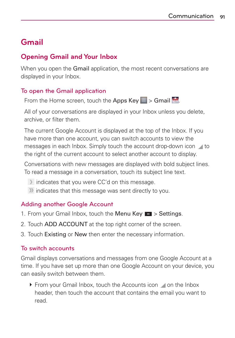 Gmail, Opening gmail and your inbox | LG MS770 User Manual | Page 93 / 190