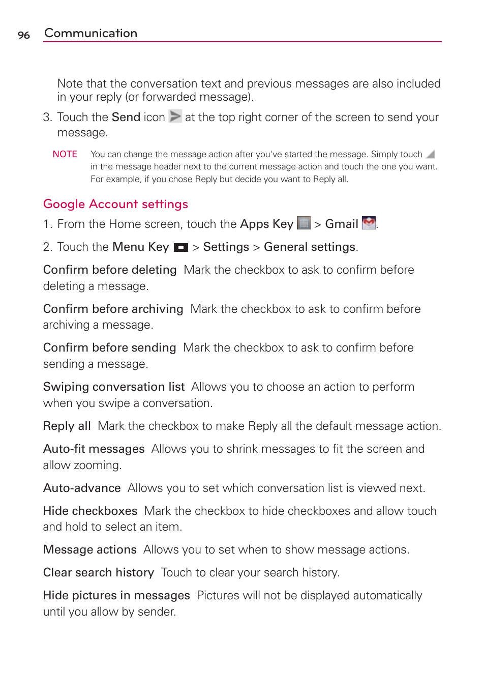 Communication, Google account settings | LG MS770 User Manual | Page 98 / 190