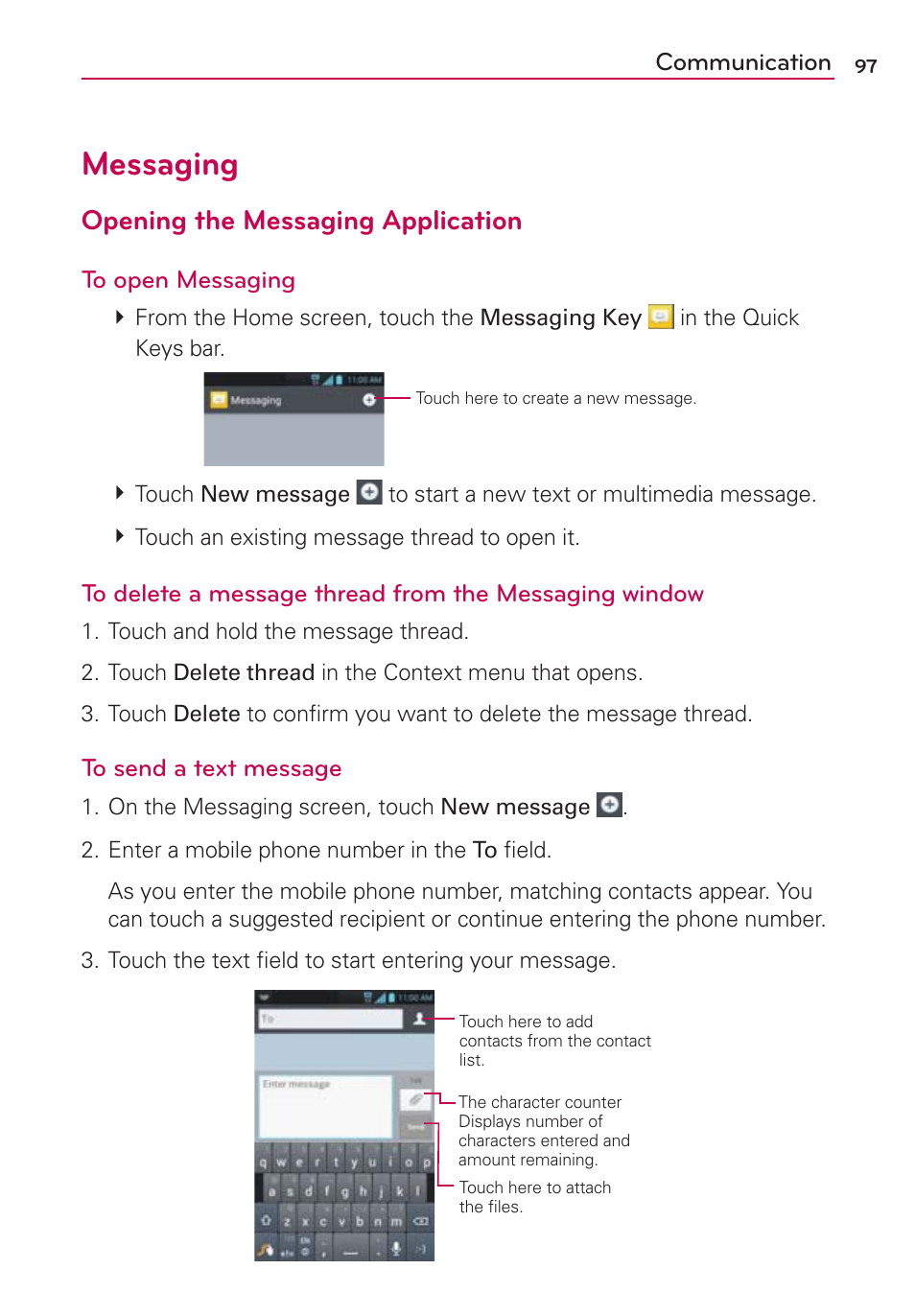 Messaging, Opening the messaging application | LG MS770 User Manual | Page 99 / 190