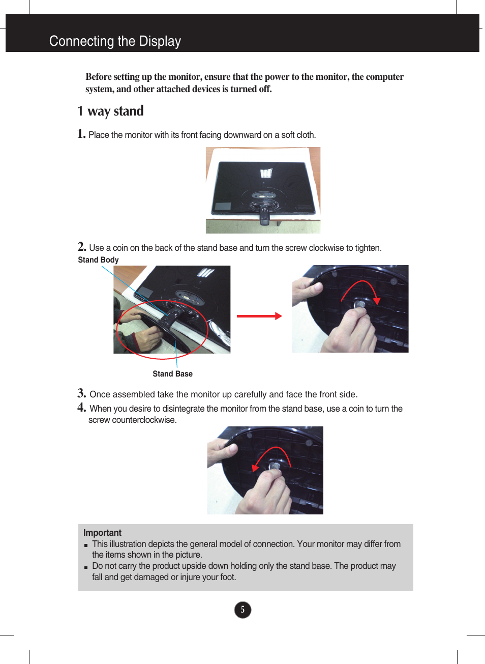 Connecting the display, 1 way stand | LG E2250VR-SN User Manual | Page 6 / 36