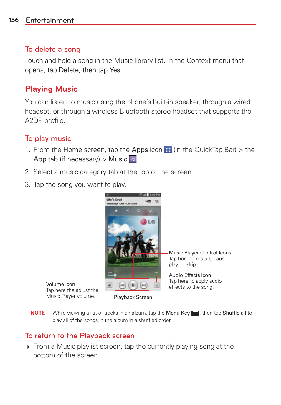 Playing music, Entertainment to delete a song | LG LGVS876 User Manual | Page 138 / 226