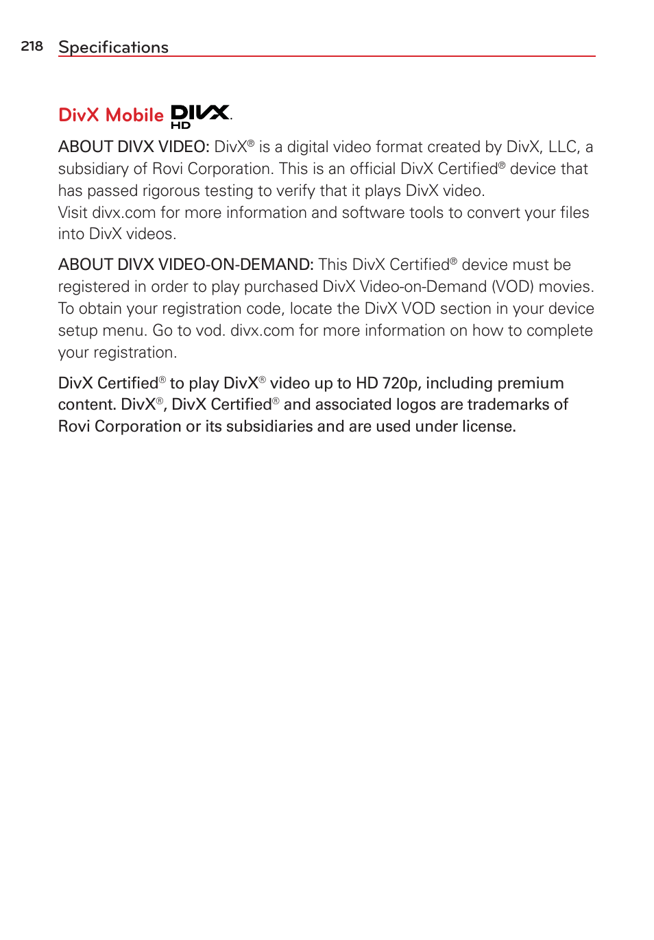 Specifications, Speciﬁcations, Divx mobile | LG LGVS876 User Manual | Page 220 / 226