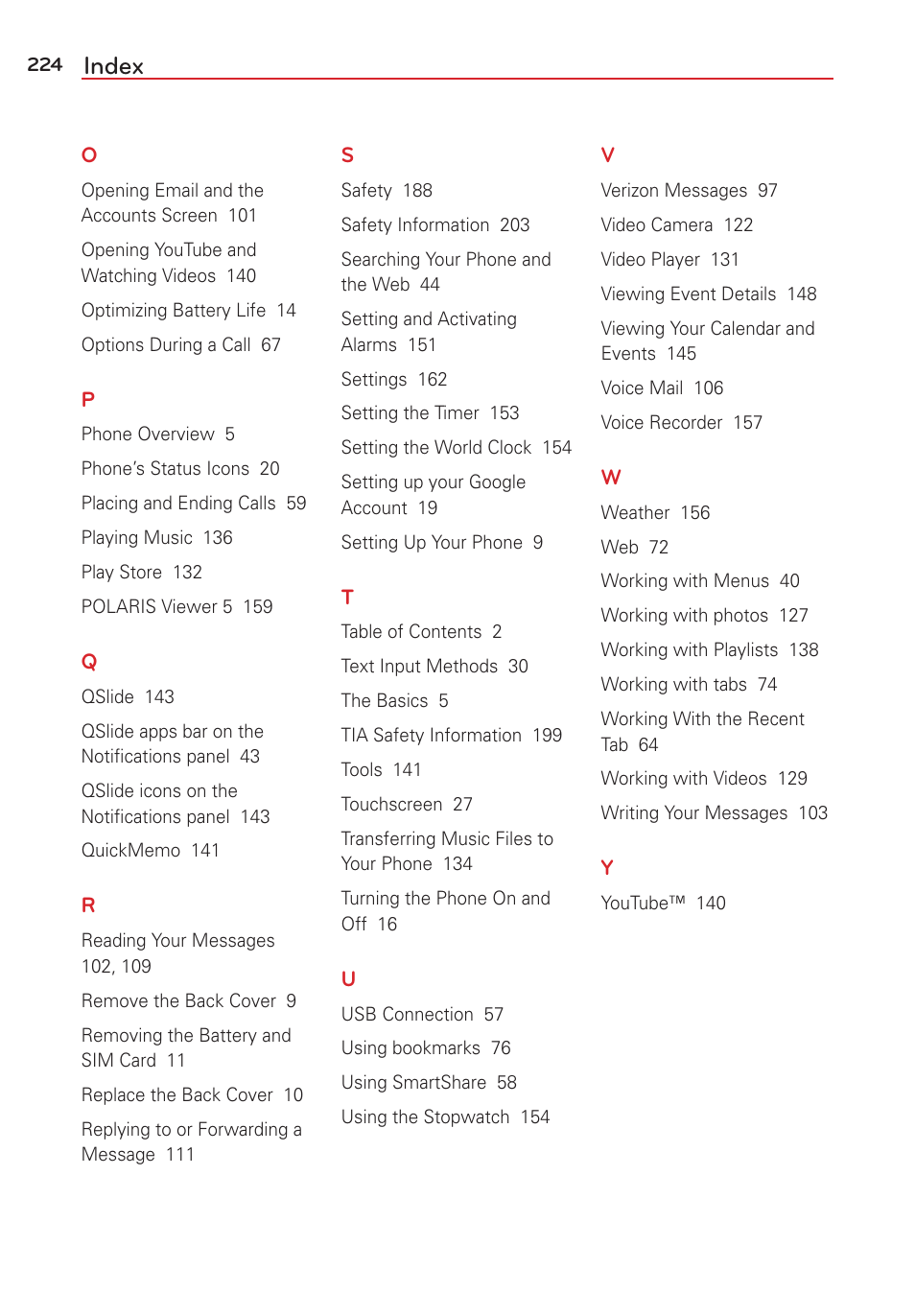 Index | LG LGVS876 User Manual | Page 226 / 226