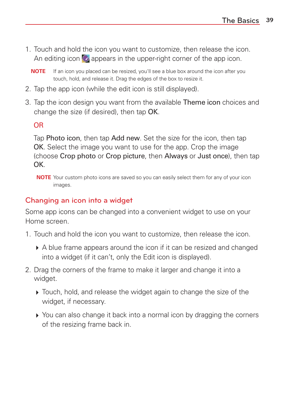 The basics, Changing an icon into a widget | LG LGVS876 User Manual | Page 41 / 226