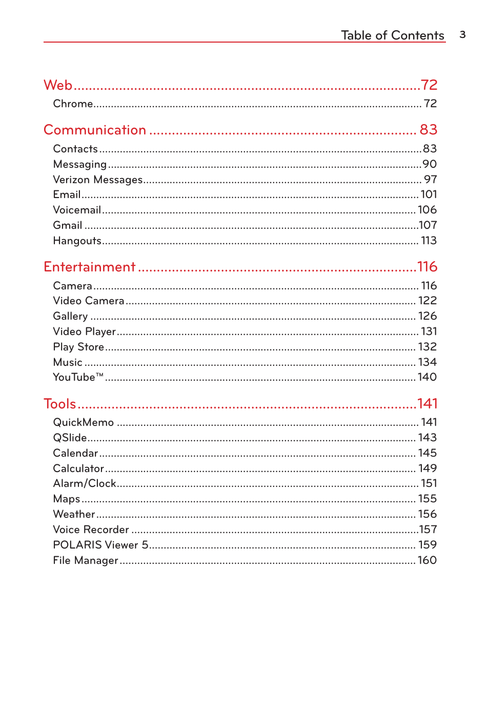 Communication, Entertainment, Tools | LG LGVS876 User Manual | Page 5 / 226