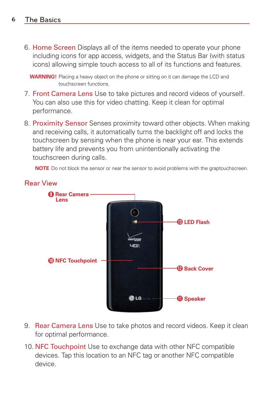 The basics, Rear view | LG LGVS876 User Manual | Page 8 / 226