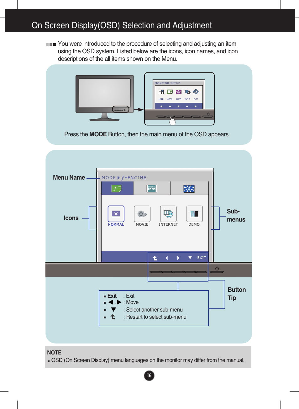 On screen display(osd) selection and adjustment | LG E2340V-PN User Manual | Page 17 / 28