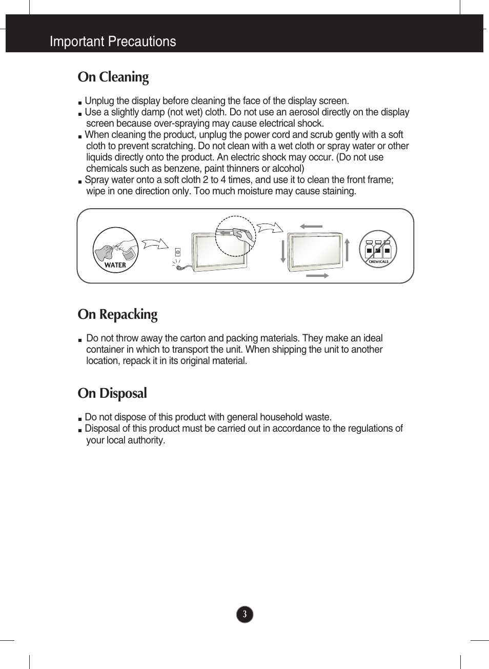On cleaning, On repacking, On disposal | Important precautions | LG E2340V-PN User Manual | Page 4 / 28