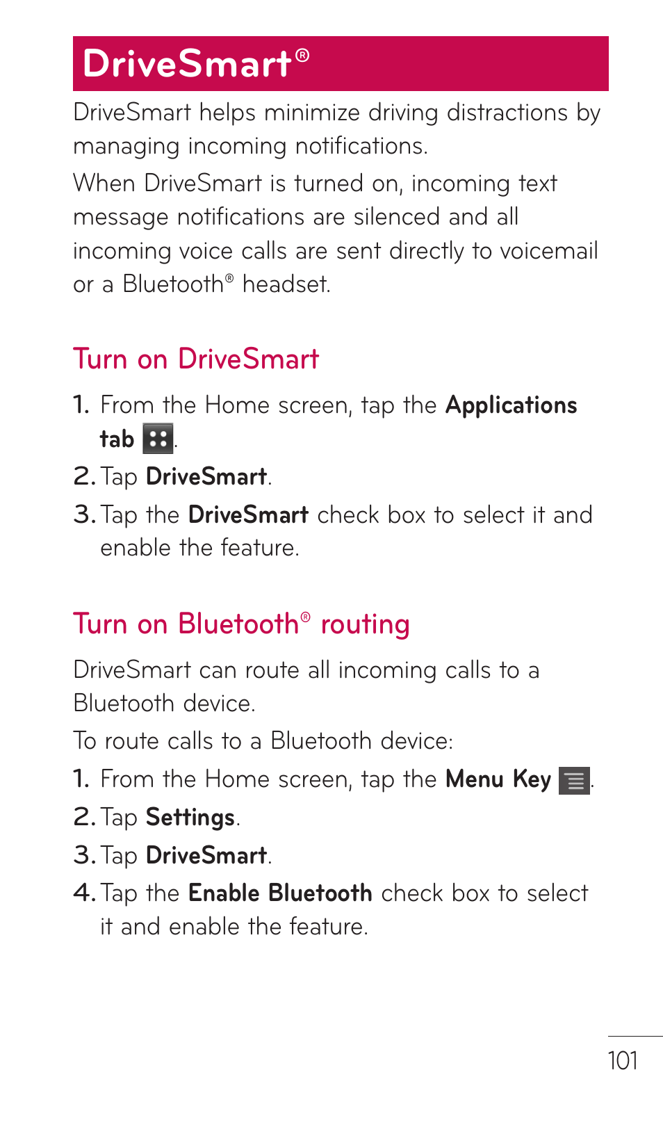 Drivesmart, Turn on drivesmart, Turn on bluetooth® routing | LG C729 User Manual | Page 101 / 412