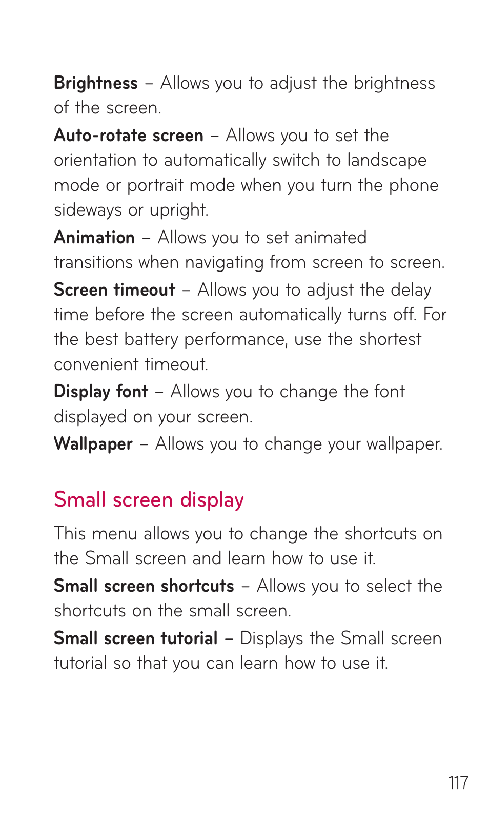 Small screen display | LG C729 User Manual | Page 117 / 412