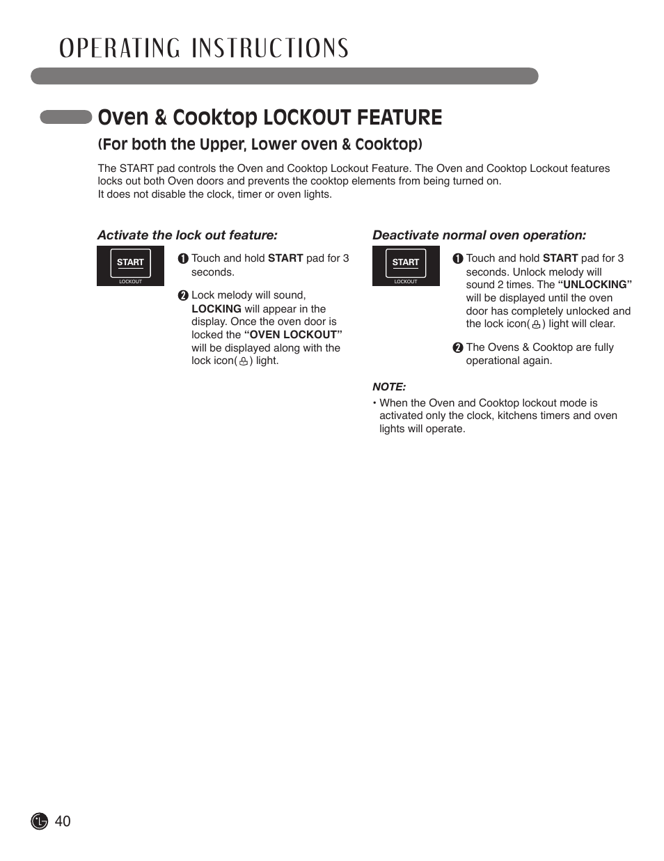 Oven & cooktop lockout feature, For both the upper, lower oven & cooktop) | LG LDE3019ST User Manual | Page 40 / 55
