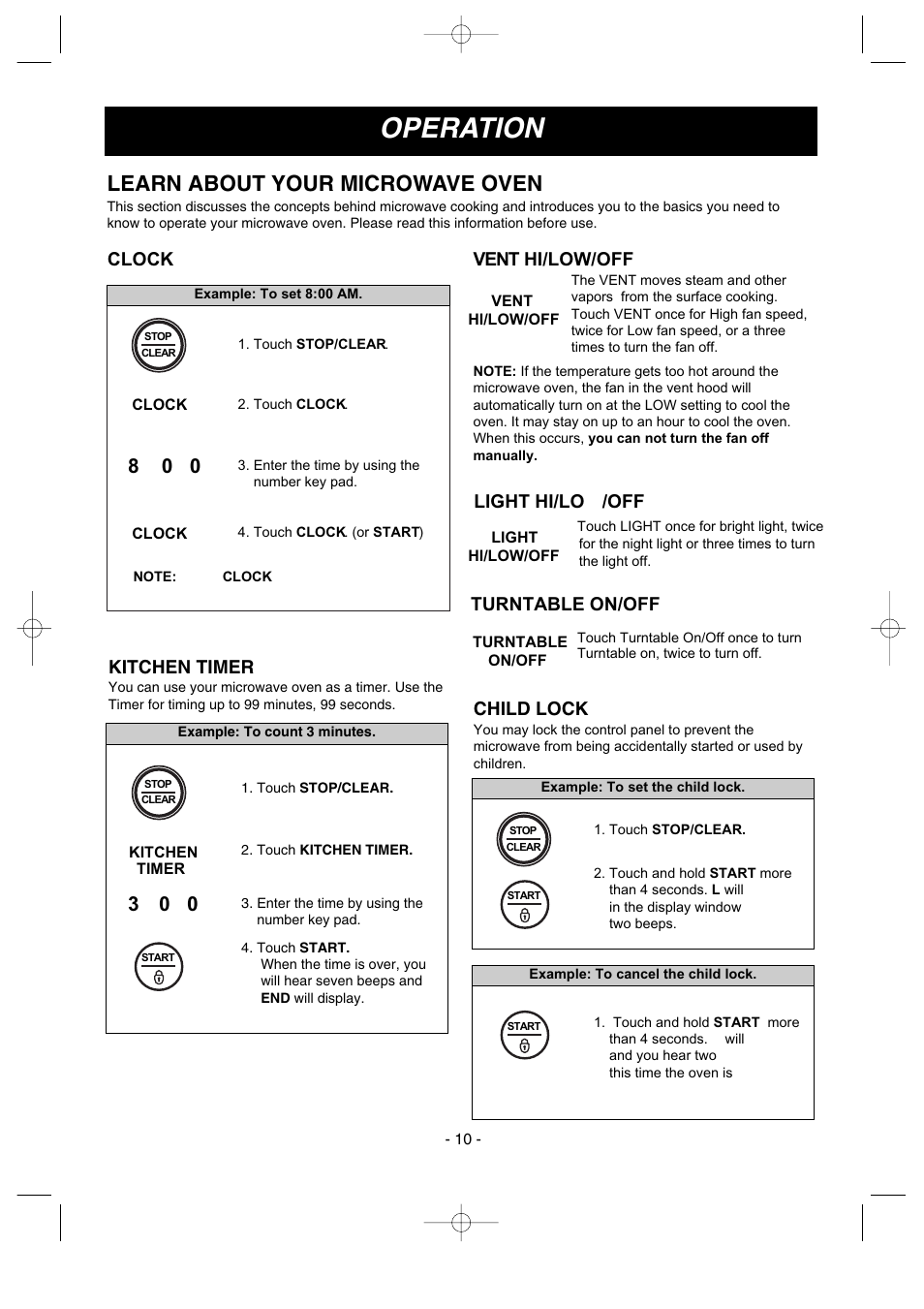 Operation, Learn about your microwave oven, Kitchen timer | Clock, Vent hi/low/off, Light hi/low/off, Turntable on/off, Child lock | LG LMV1630ST User Manual | Page 10 / 30