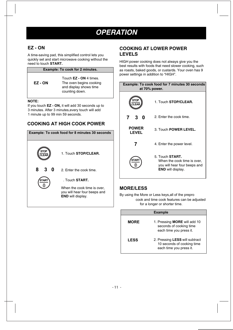 Operation, Ez - on, More/less | Cooking at lower power levels, Cooking at high cook power | LG LMV1630ST User Manual | Page 11 / 30