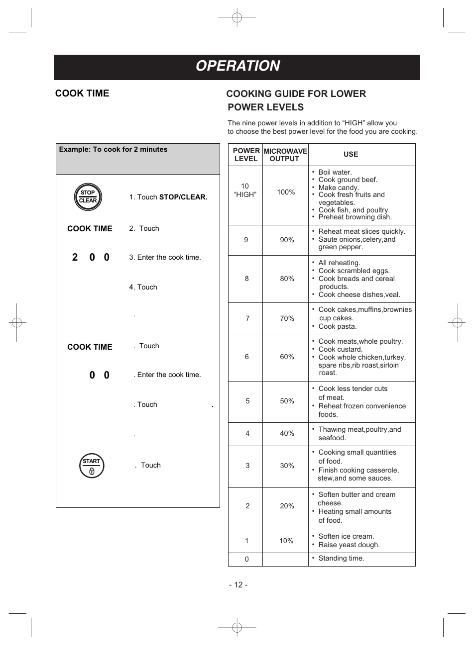 Operation, Cooking guide for lower, Power levels | Cook time | LG LMV1630ST User Manual | Page 12 / 30