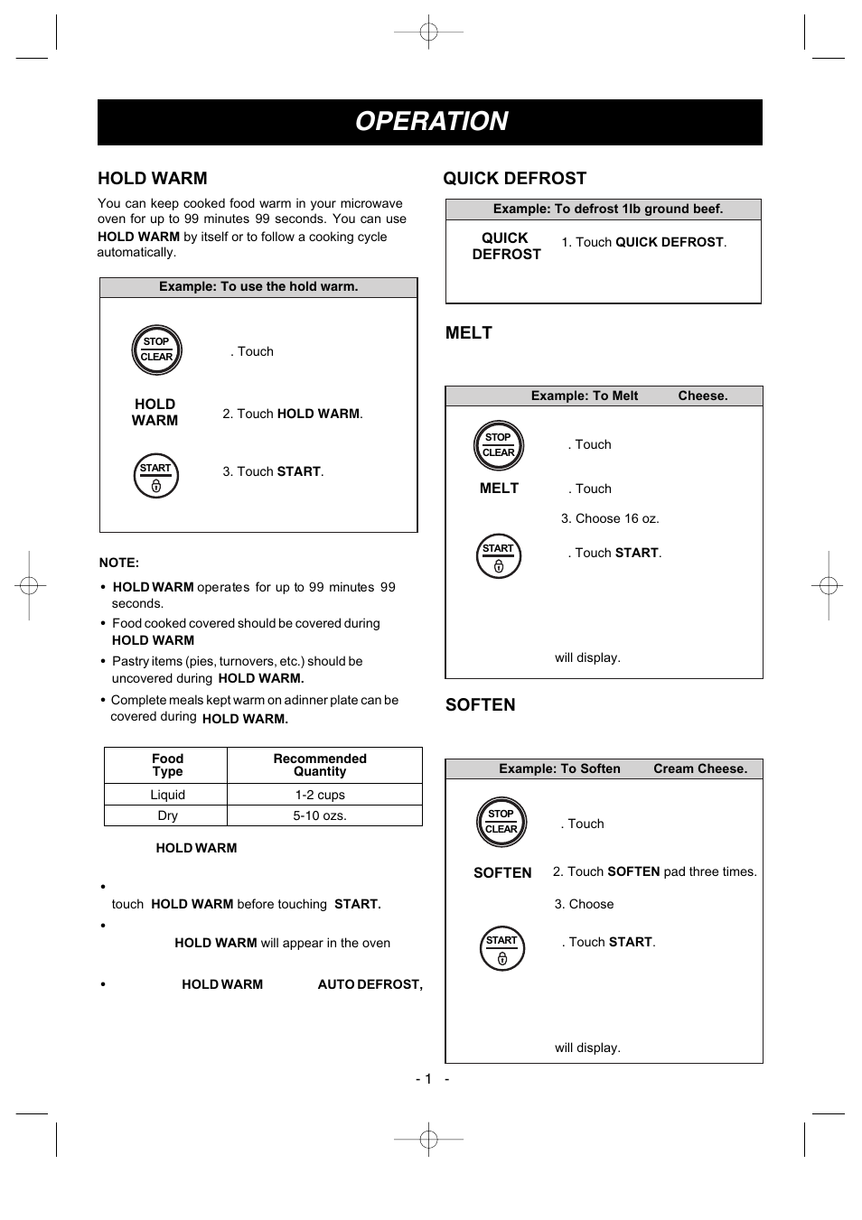 Operation, Hold warm, Melt | Soften, Quick defrost | LG LMV1630ST User Manual | Page 13 / 30