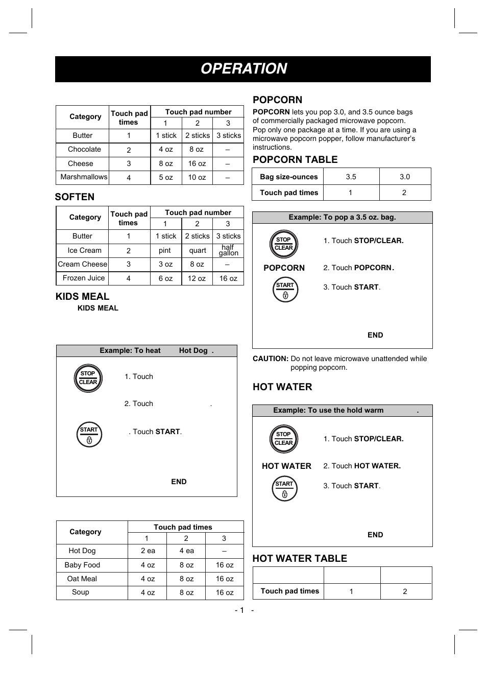 Operation, Popcorn, Popcorn table | Hot water, Melt table soften table, Kids meal, Kids meal table, Hot water table | LG LMV1630ST User Manual | Page 14 / 30