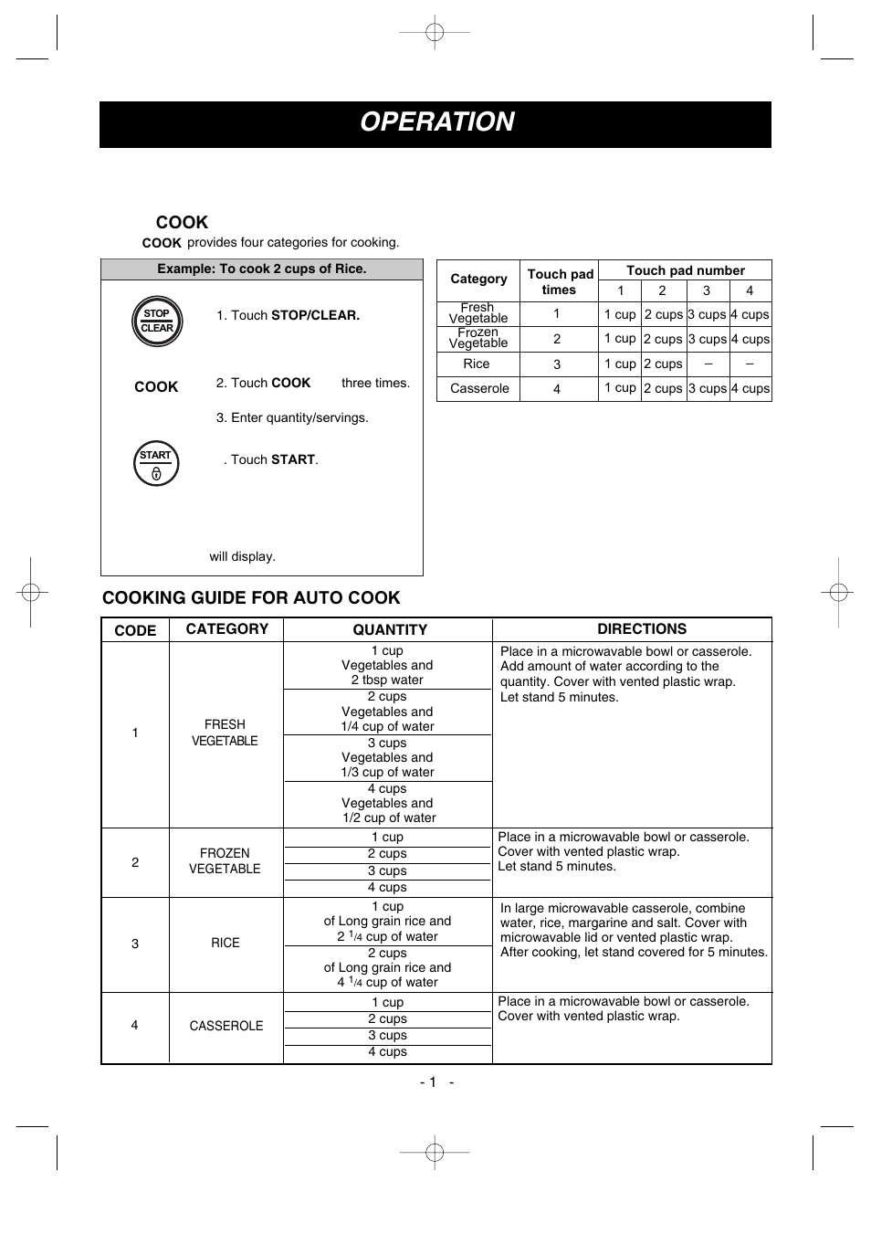 Operation, Auto cook, Cooking guide for auto cook | Auto cook table auto touch | LG LMV1630ST User Manual | Page 15 / 30