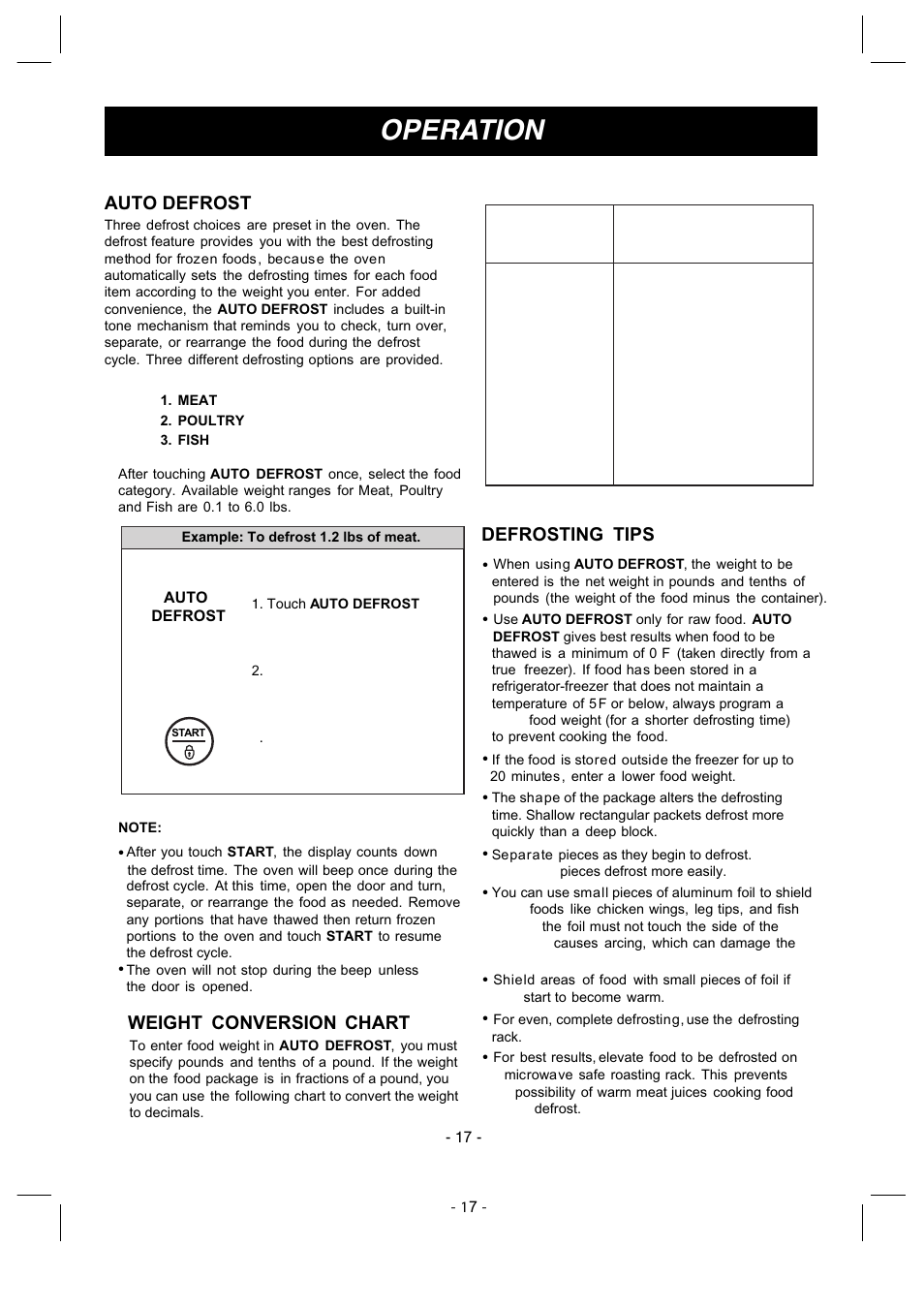 Operation, Auto defrost, Defrosting tips | Weight conversion chart | LG LMV1630ST User Manual | Page 17 / 30