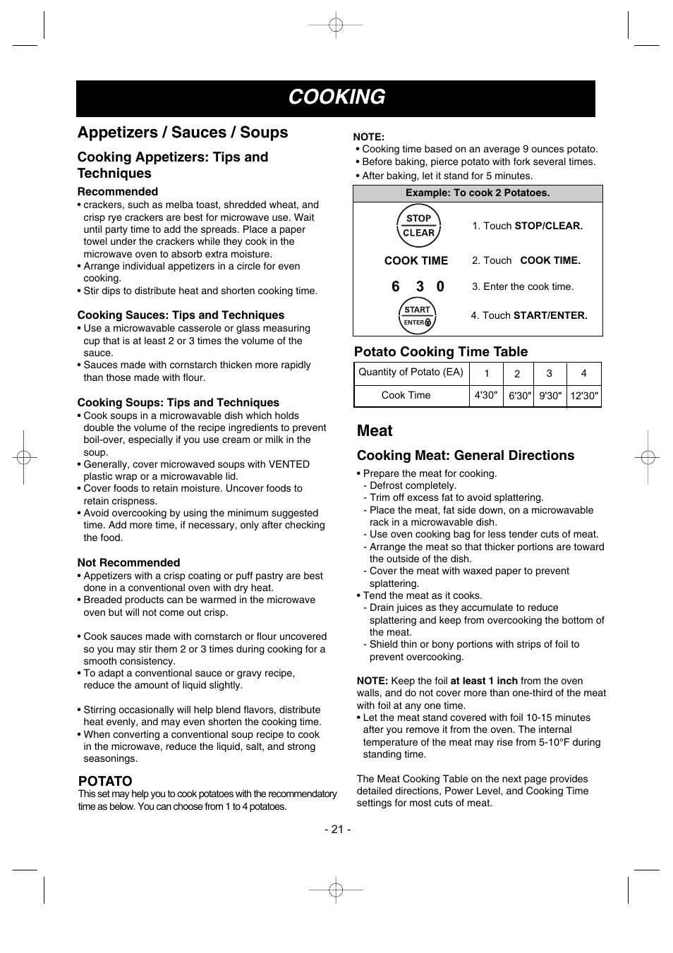 Cooking, Appetizers / sauces / soups, Meat | Cooking appetizers: tips and techniques, Potato, Potato cooking time table, Cooking meat: general directions | LG LMV1630ST User Manual | Page 21 / 30