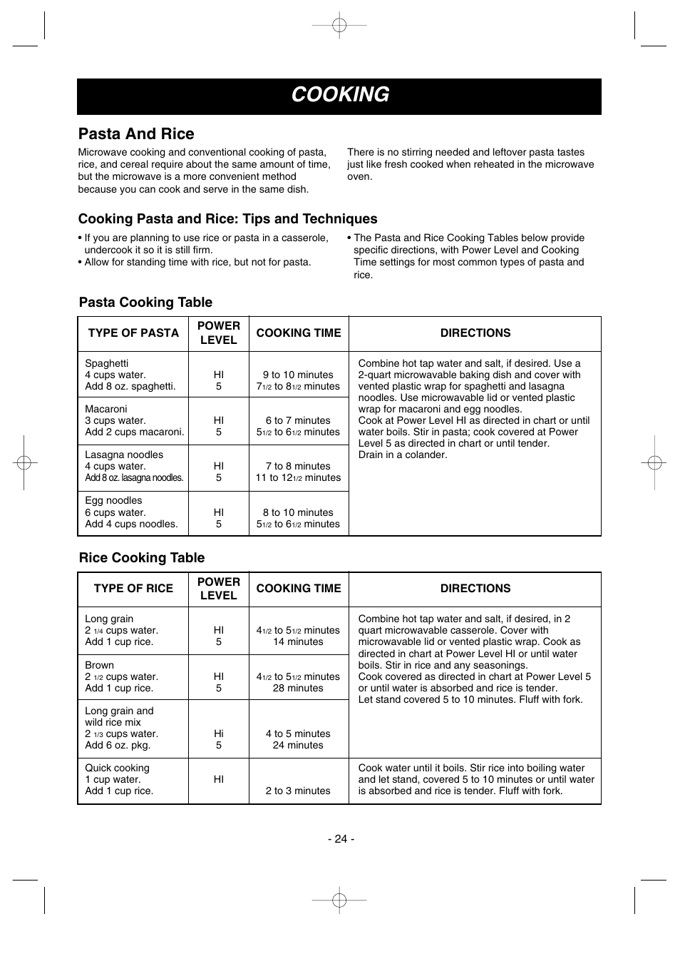 Cooking, Pasta and rice, Cooking pasta and rice: tips and techniques | Pasta cooking table, Rice cooking table | LG LMV1630ST User Manual | Page 24 / 30