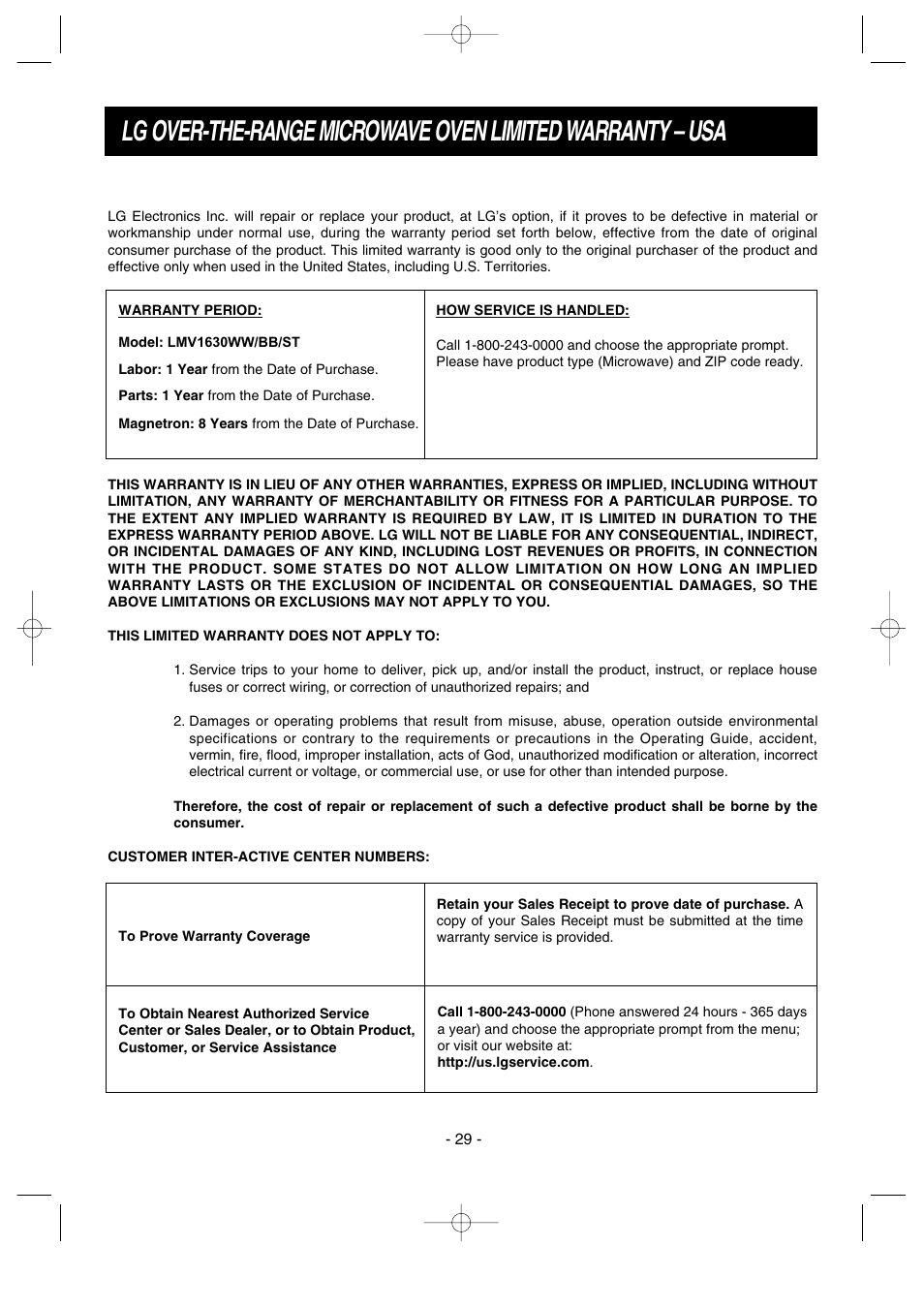 LG LMV1630ST User Manual | Page 29 / 30