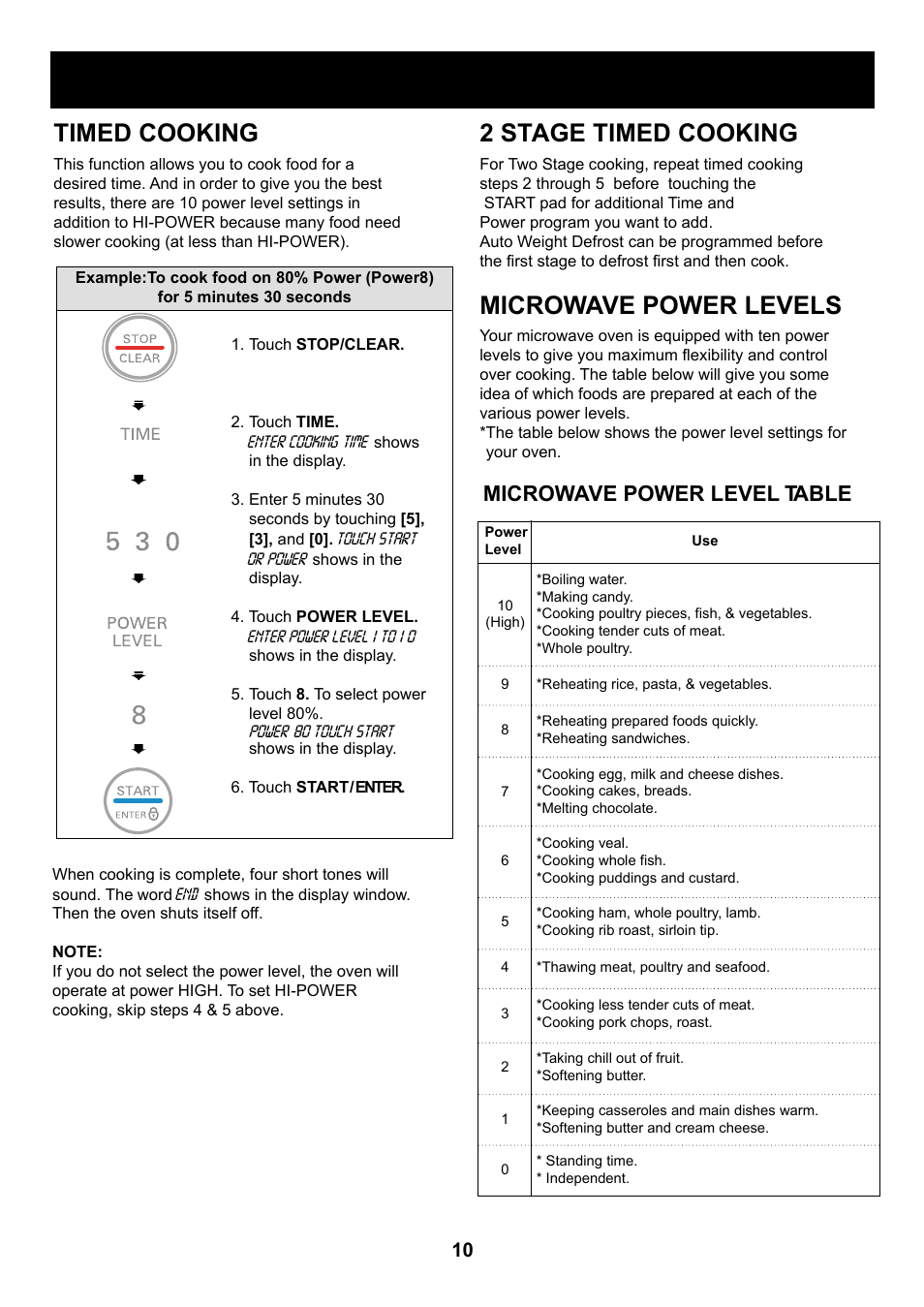 Using your microwave oven, Timed cooking, 2 stage timed cooking | Microwave power levels, Microwave power level table | LG LCS1410SW User Manual | Page 10 / 25