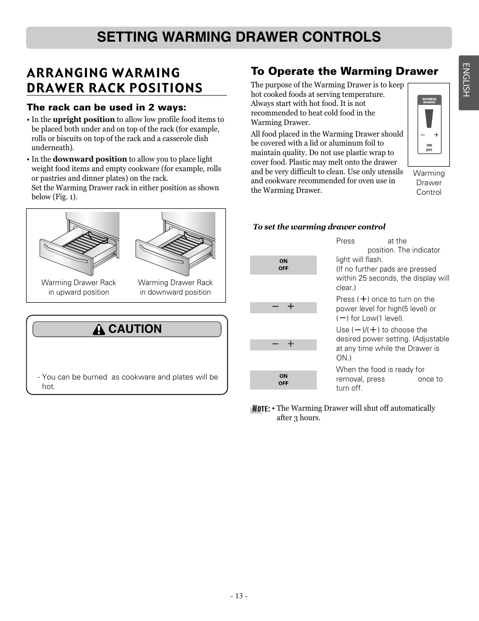 Setting warming drawer controls, Arranging warming drawer rack positions, Caution | LG LRE30757ST User Manual | Page 13 / 41