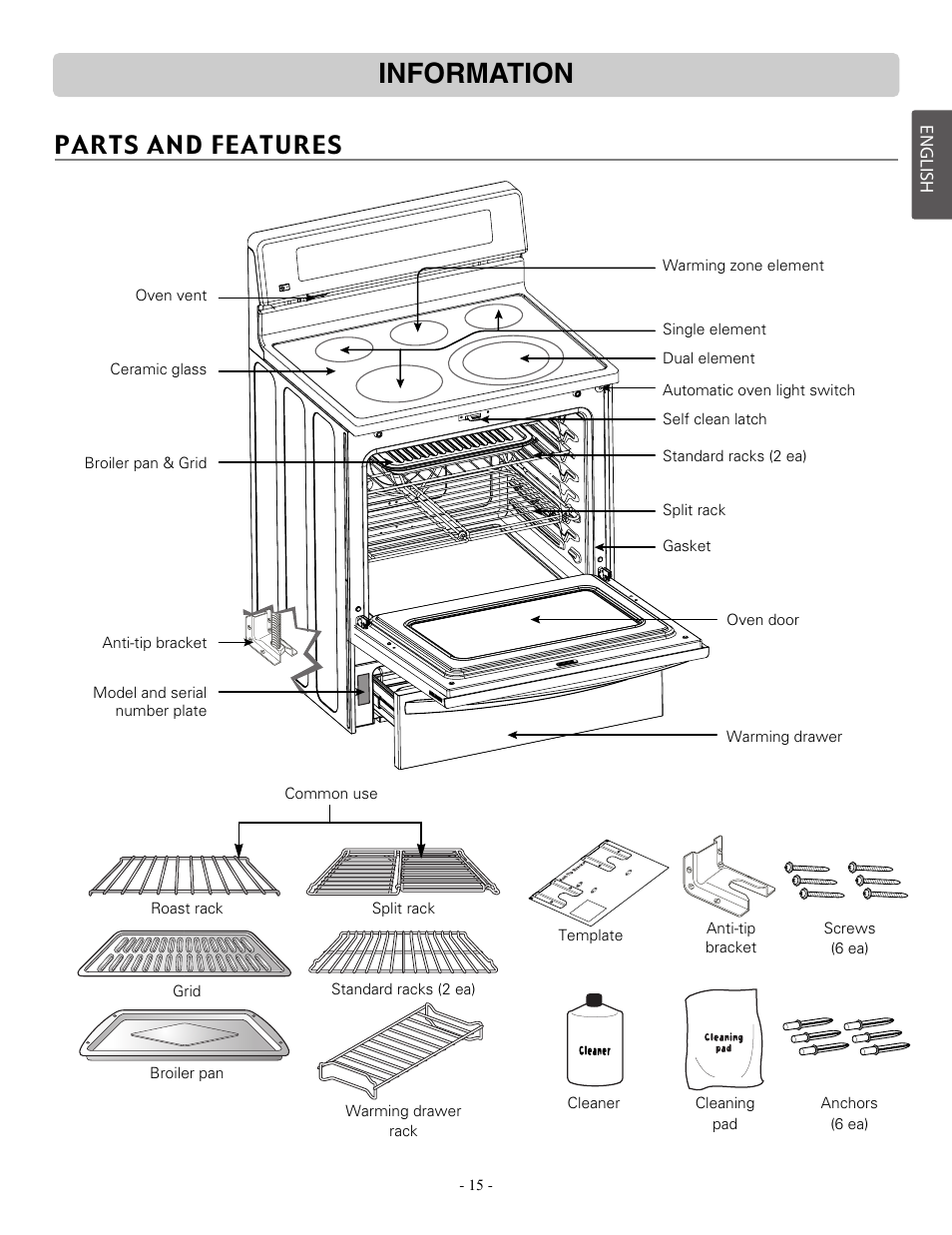Information, Parts and features | LG LRE30757ST User Manual | Page 15 / 41