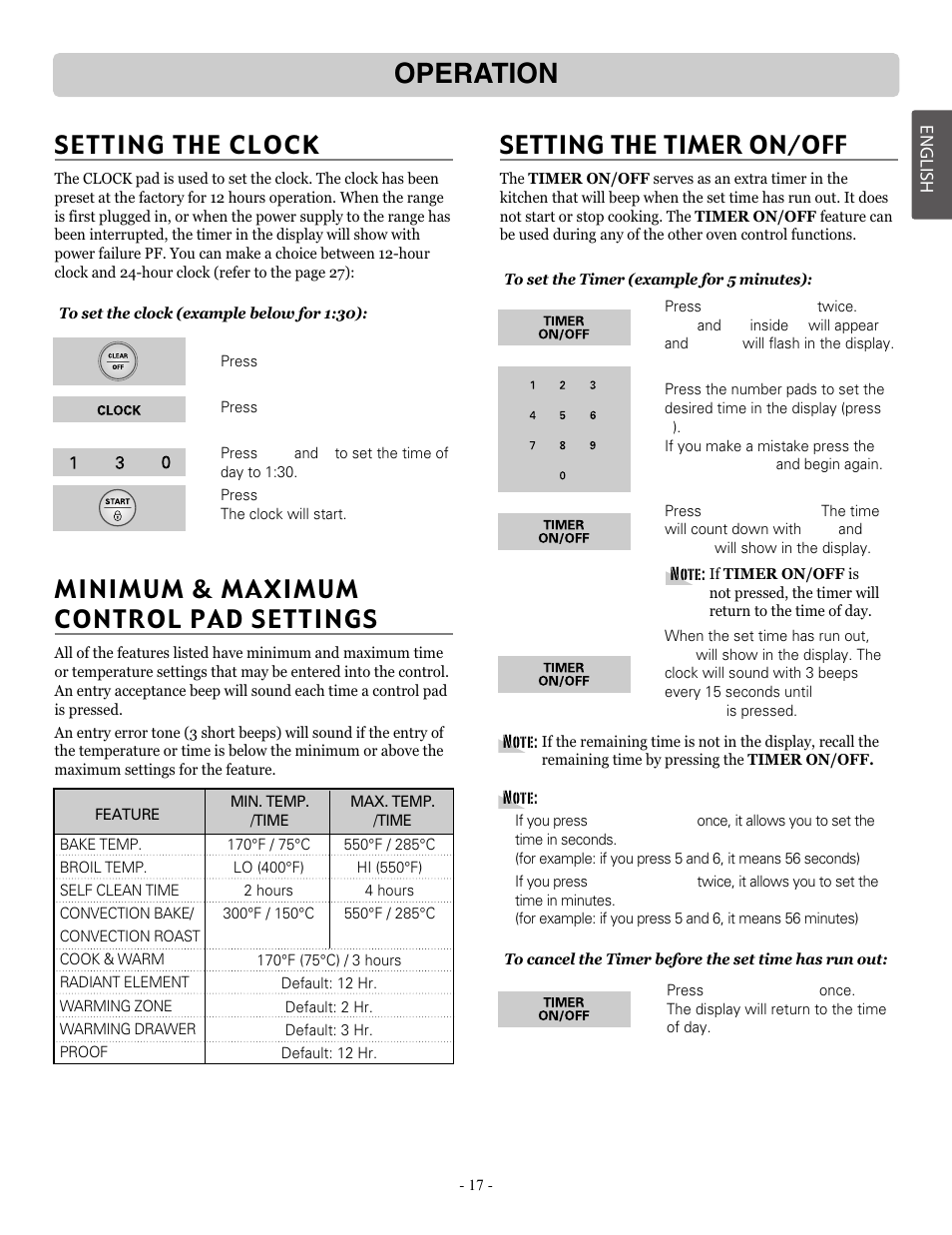 Operation, Setting the clock, Minimum & maximum control pad settings | Setting the timer on/off | LG LRE30757ST User Manual | Page 17 / 41