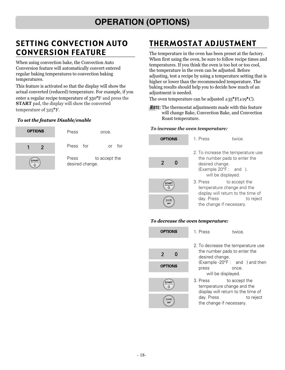 Operation (options), Setting convection auto conversion feature, Thermostat adjustment | LG LRE30757ST User Manual | Page 18 / 41