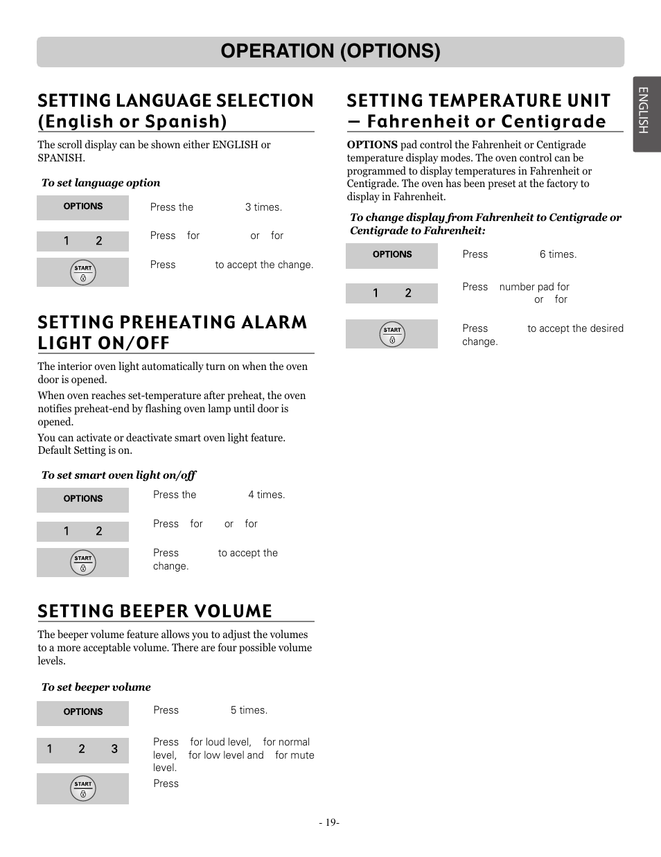Operation (options), Setting beeper volume, Setting preheating alarm light on/off | Setting language selection (english or spanish) | LG LRE30757ST User Manual | Page 19 / 41